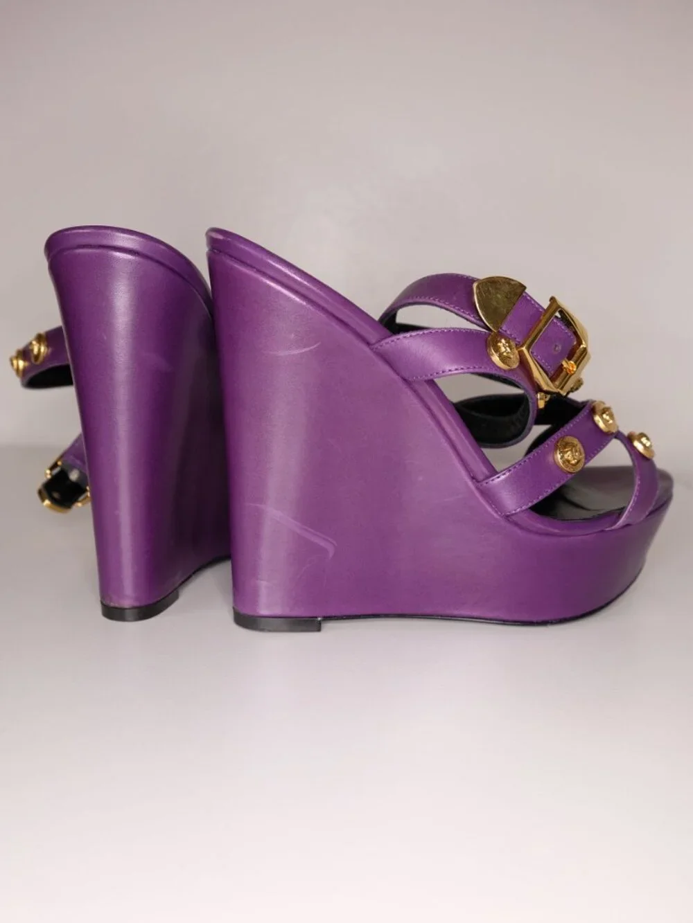 Versace Medusa Studded Platform Wedge Sandals, Royal Purple, size